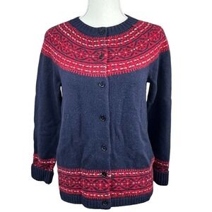 Talbots Navy Blue Red Wool Fair Isle Button Front Cardigan MP M Petite
